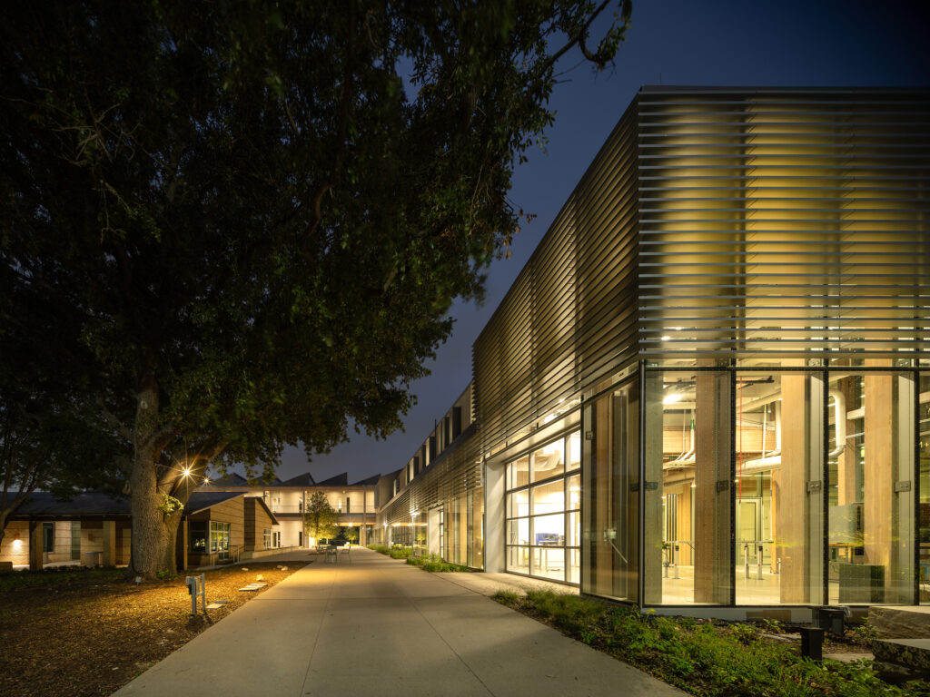 Valdes Stem + Innovation Center outdoor nighttime shot