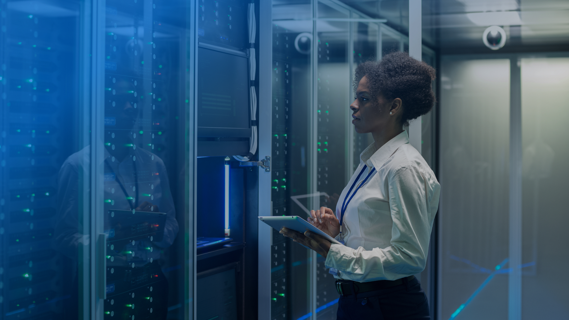 A woman with a tablet examining a data bank