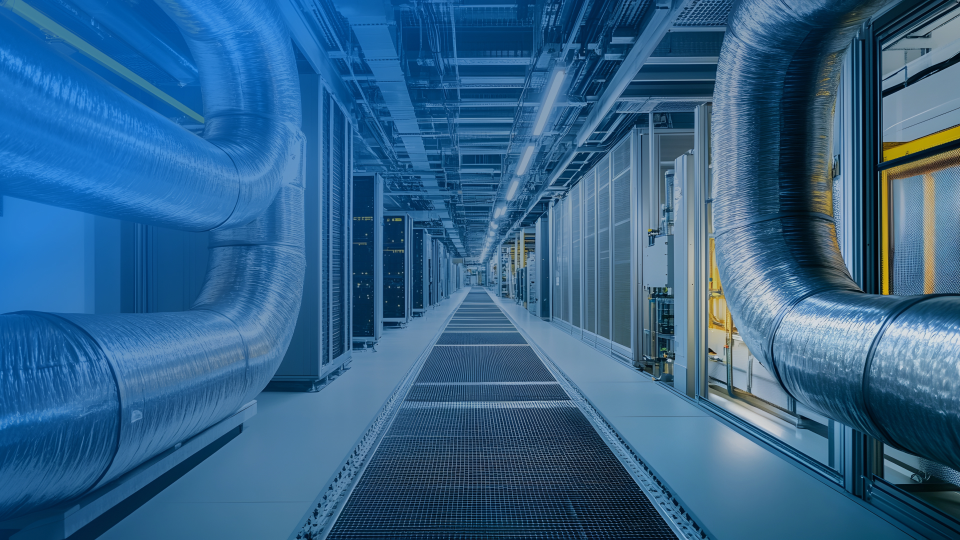 Looking down a long hallway in an industrial facility with pipes, wires and data banks along the walls